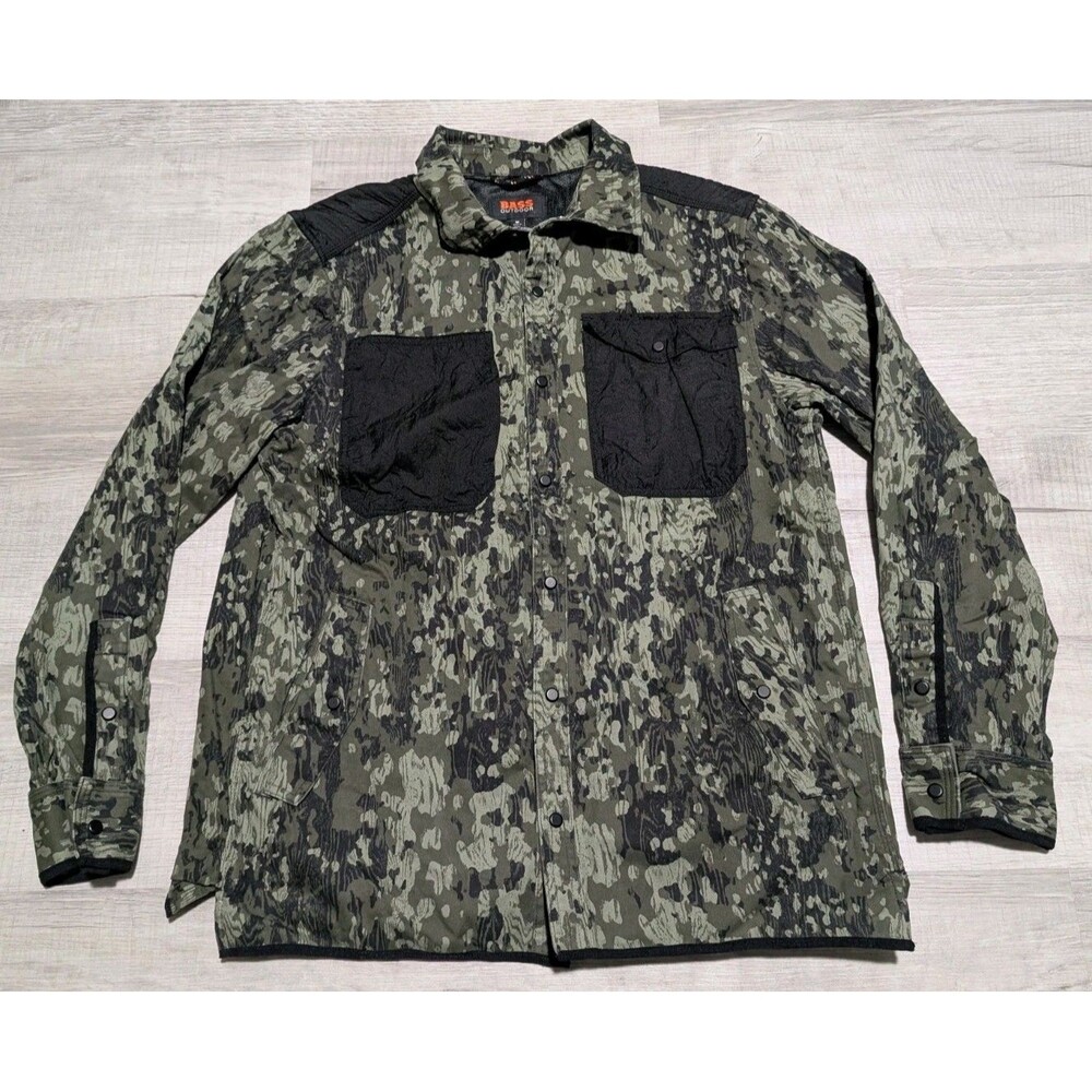 Bass Outdoor Shirt Jacket Mens Outdoor Worker Standard Fit Green Camo Sz M
